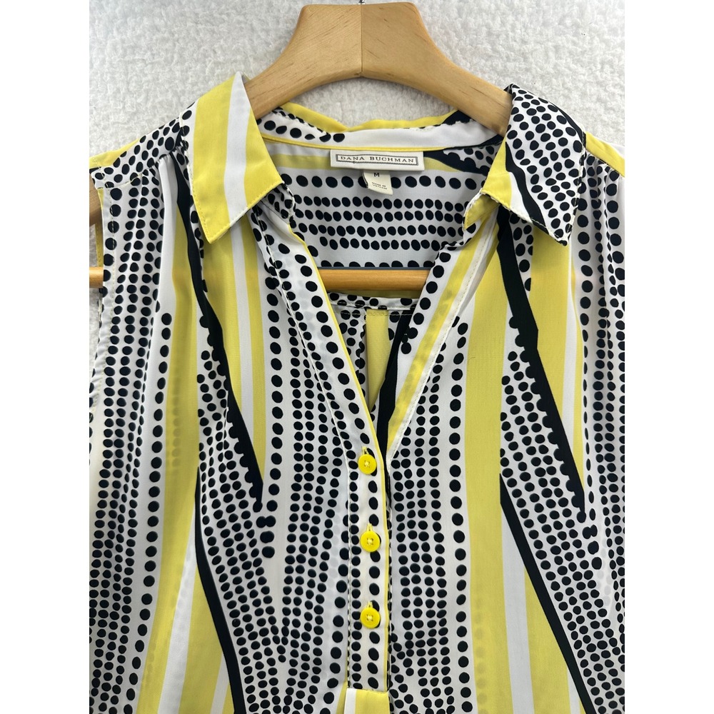 Dana Buchman Womens Sleeveless Button Front Blouse M Yellow Black Dot Stripe - Picture 3 of 8